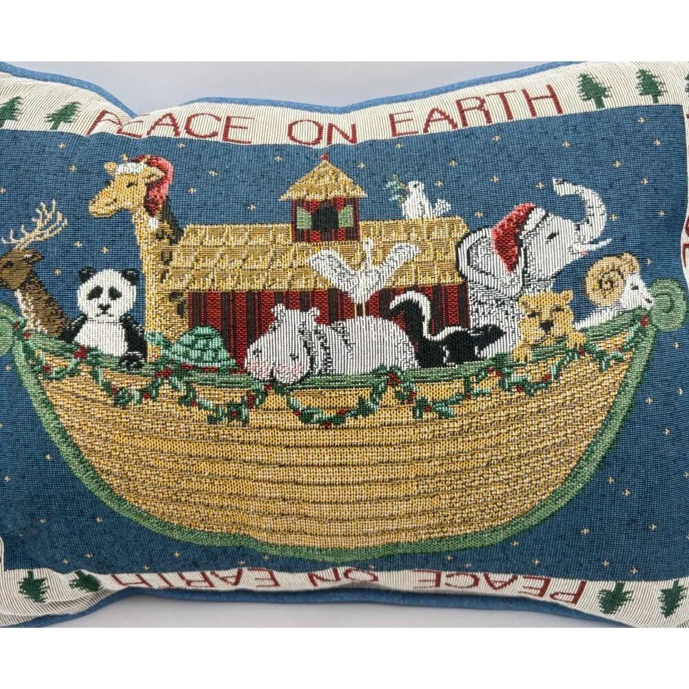 Noahs Ark Tapestry Accent Pillow Peace On Earth Home Decor 16 Inch Animal Theme